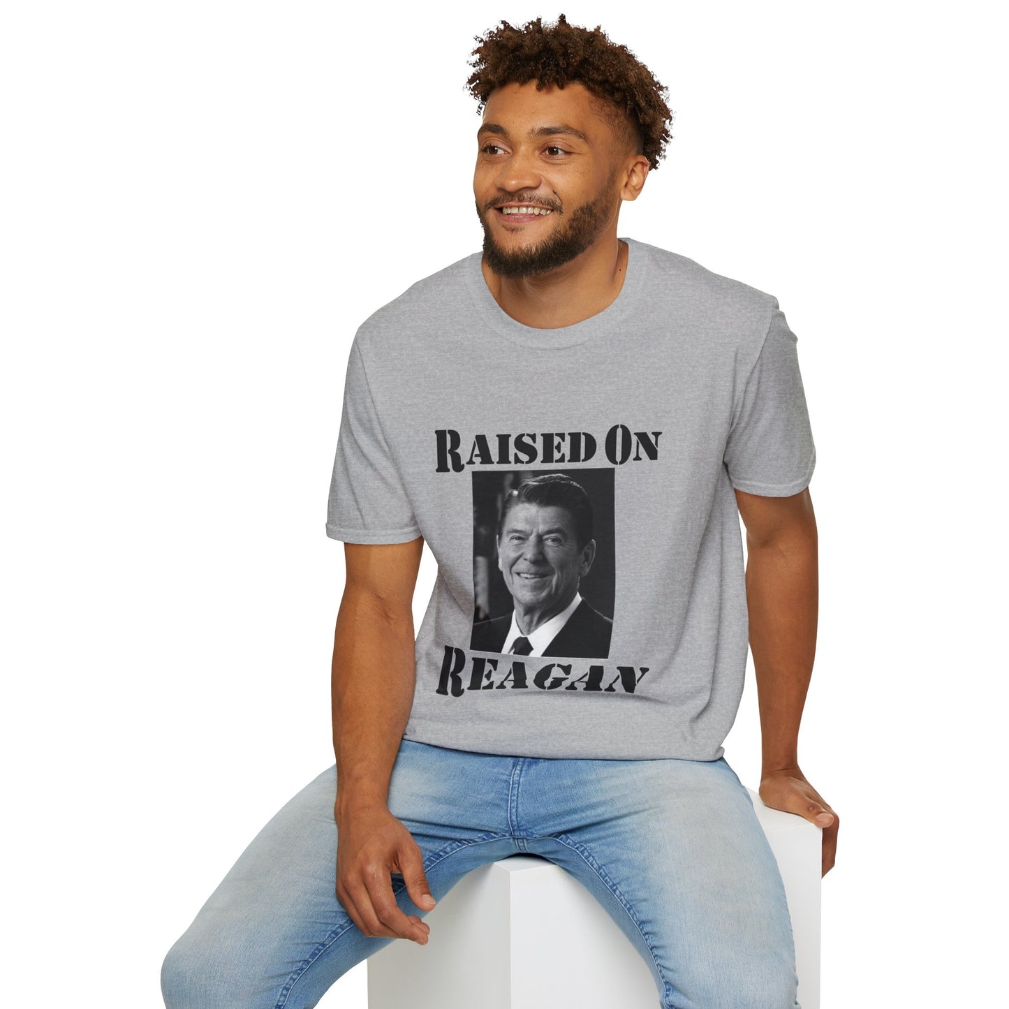 Raised on Reagan Men's Tshirt (Black Logo) - Sweet Baby Jeez Teez