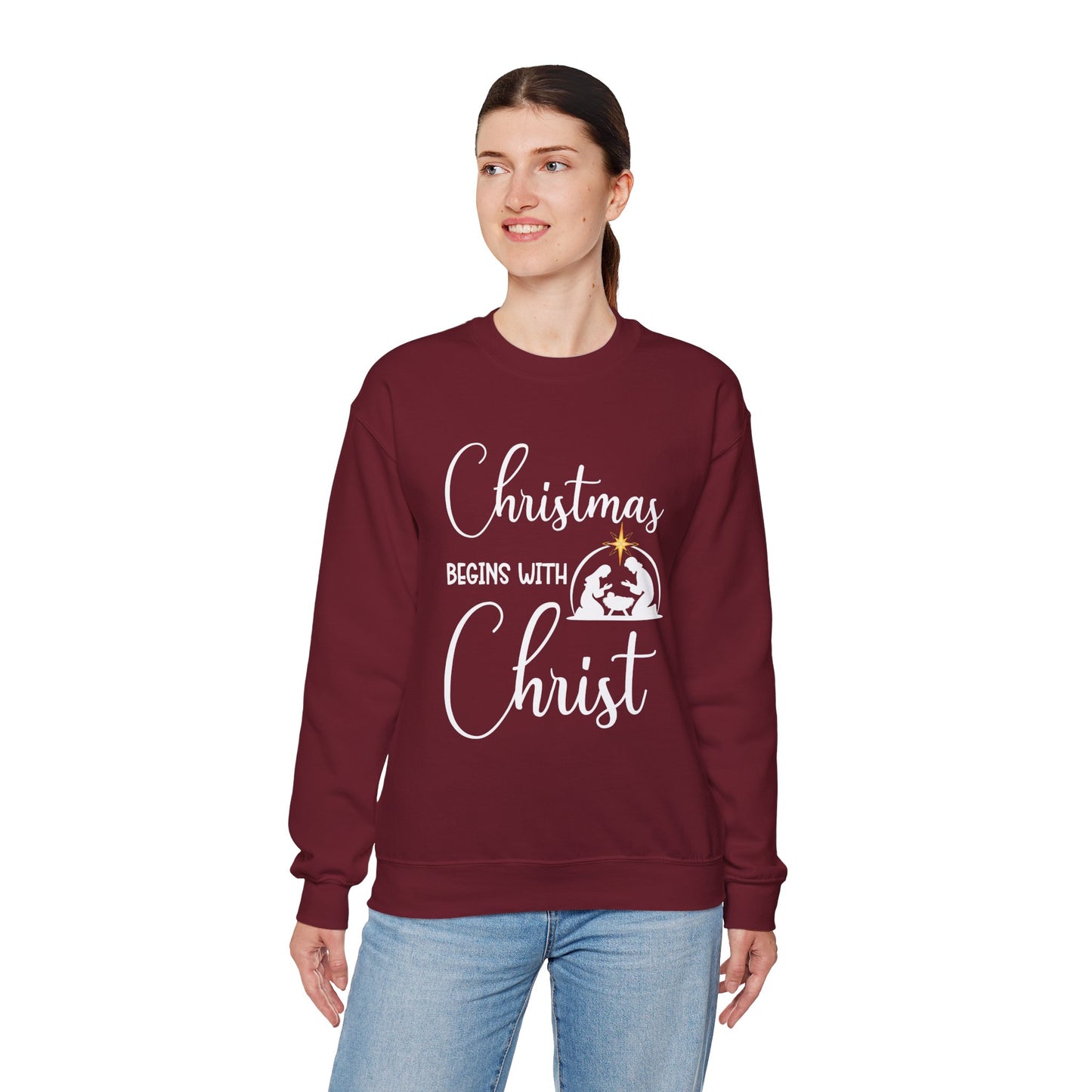 Christmas Begins with Christ Heavy Crewneck Sweatshirt (White/Gold Logo)