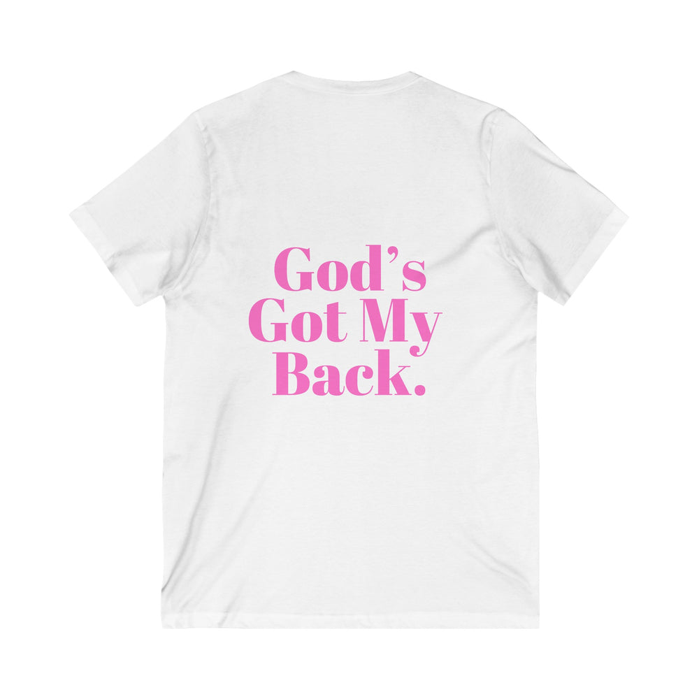 God's Got My Back Women's Relaxed/Plus V Neck (Hot Pink Logo Back) - Sweet Baby Jeez Teez