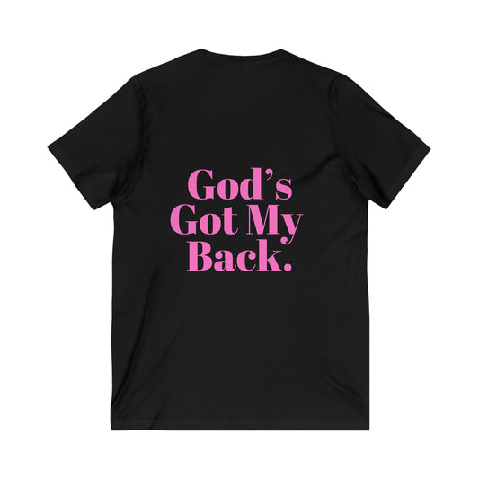 God's Got My Back Women's Relaxed/Plus V Neck (Hot Pink Logo Back) - Sweet Baby Jeez Teez