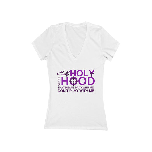 Half Holy Womens Fitted Deep V Tshirt (Plum Logo)