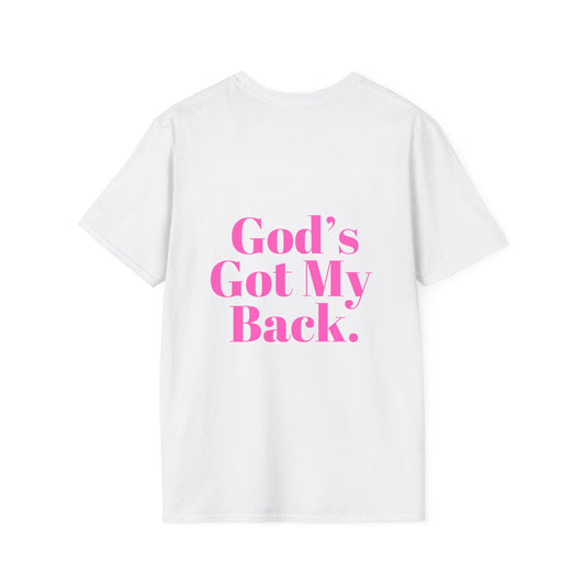 God's Got My Back Women's Relaxed/Plus Tshirt (Hot Pink Back Logo) - Sweet Baby Jeez Teez