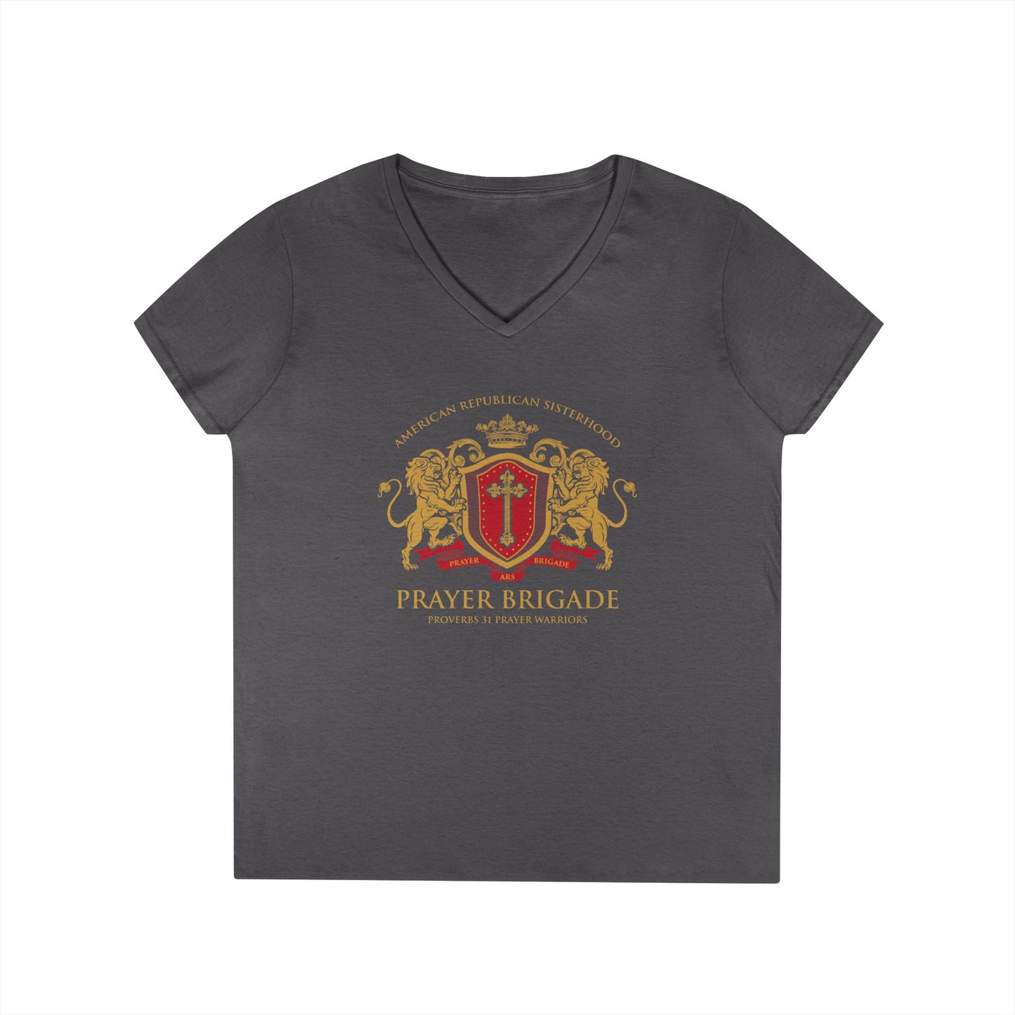 ARS Prayer Brigade Ladies' V-Neck T-Shirt (Red/Gold Logo)