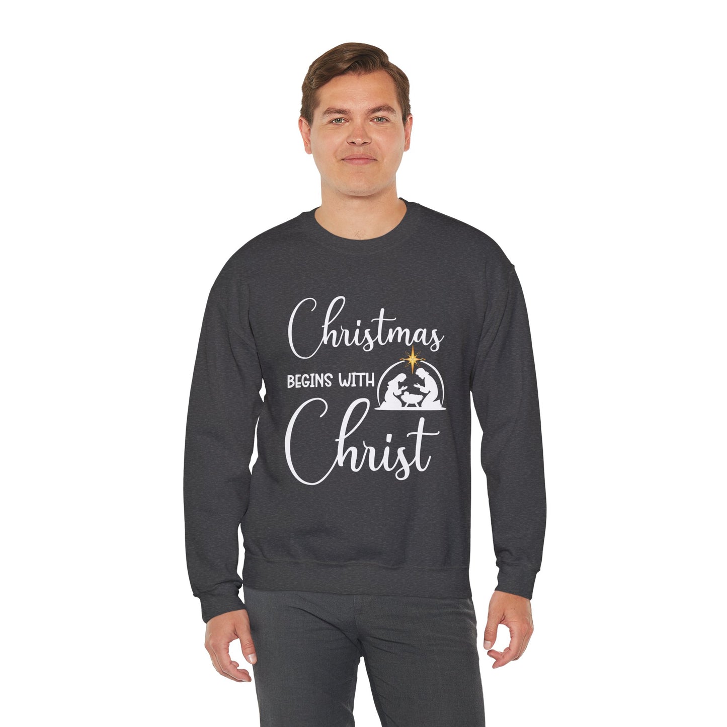 Christmas Begins with Christ Heavy Crewneck Sweatshirt (White/Gold Logo)