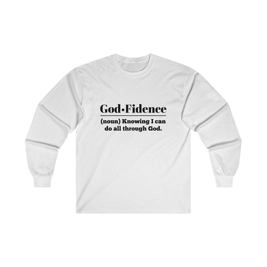 God-fidence Women's Relaxed Long Sleeve Tshirt (Black Logo)