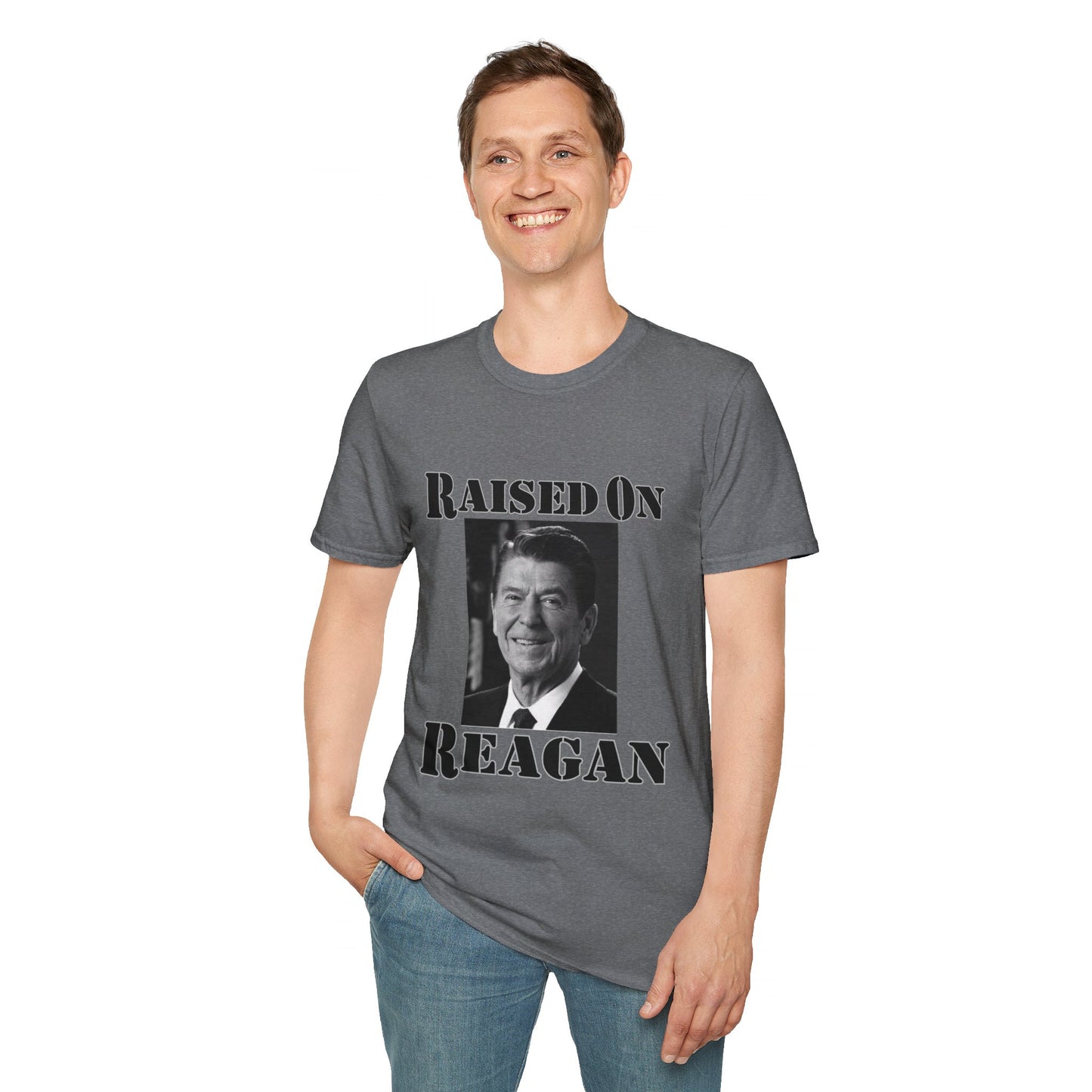 Raised on Reagan Men's Tshirt (Black Logo) - Sweet Baby Jeez Teez