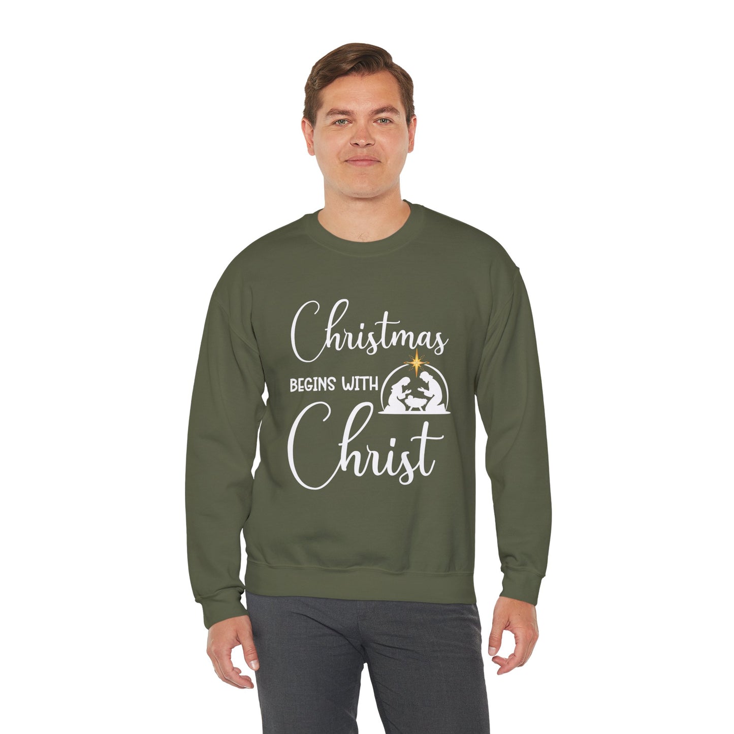 Christmas Begins with Christ Heavy Crewneck Sweatshirt (White/Gold Logo)