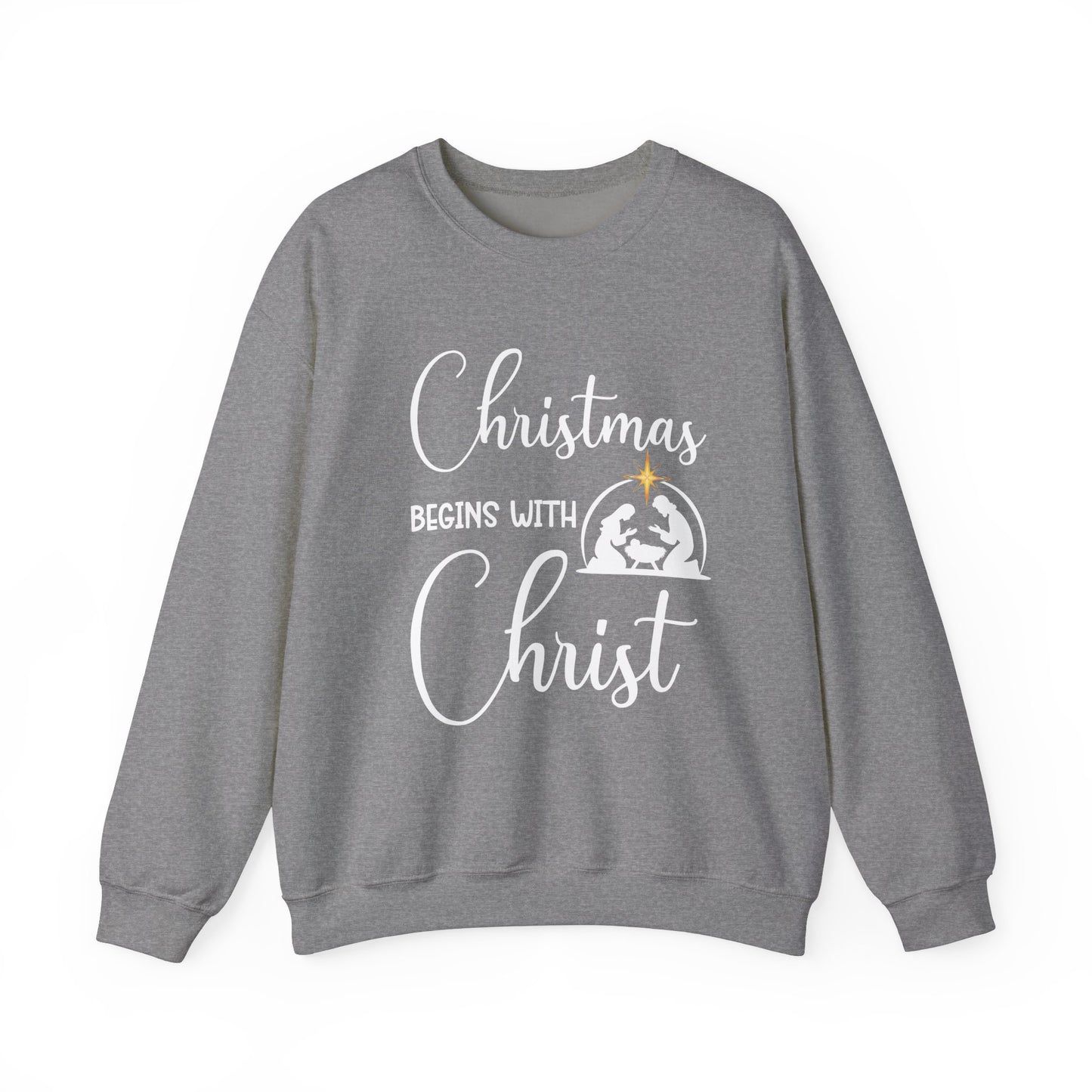 Christmas Begins with Christ Heavy Crewneck Sweatshirt (White/Gold Logo)