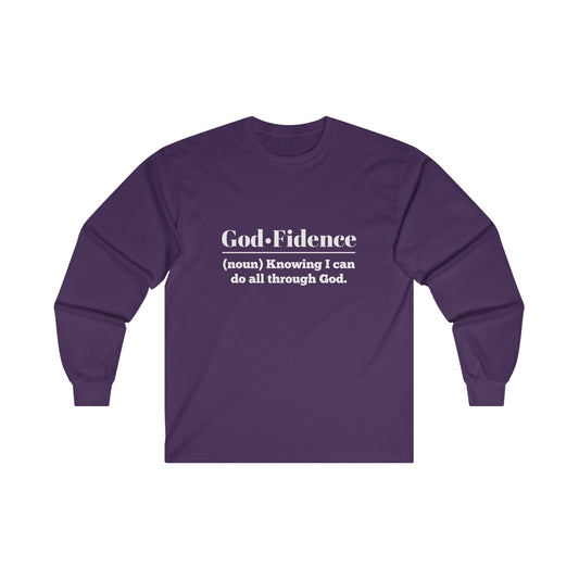 God-fidence Women's Relaxed Long Sleeve Tshirt (White Logo)