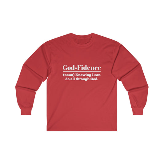 God-fidence Women's Relaxed Long Sleeve Tshirt (White Logo)