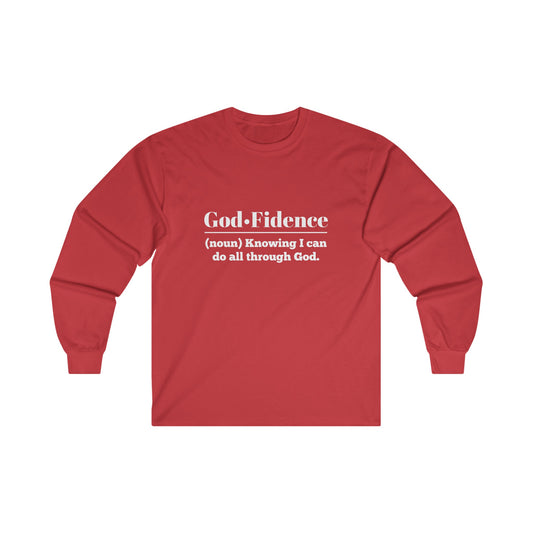 God-fidence Women's Relaxed Long Sleeve Tshirt (White Logo) - Sweet Baby Jeez Teez