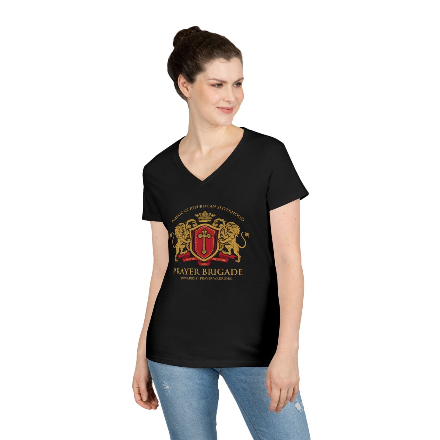 ARS Prayer Brigade Ladies' V-Neck T-Shirt (Red/Gold Logo)