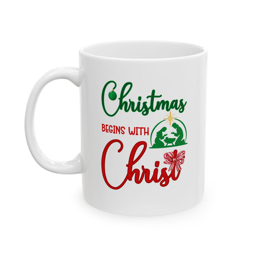 Christmas Begins with Christ Ceramic Mug (Red/Green Logo)