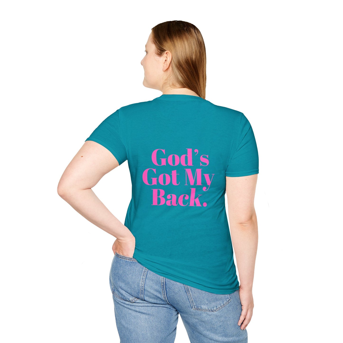 God's Got My Back Women's Relaxed/Plus Tshirt (Hot Pink Back Logo) - Sweet Baby Jeez Teez