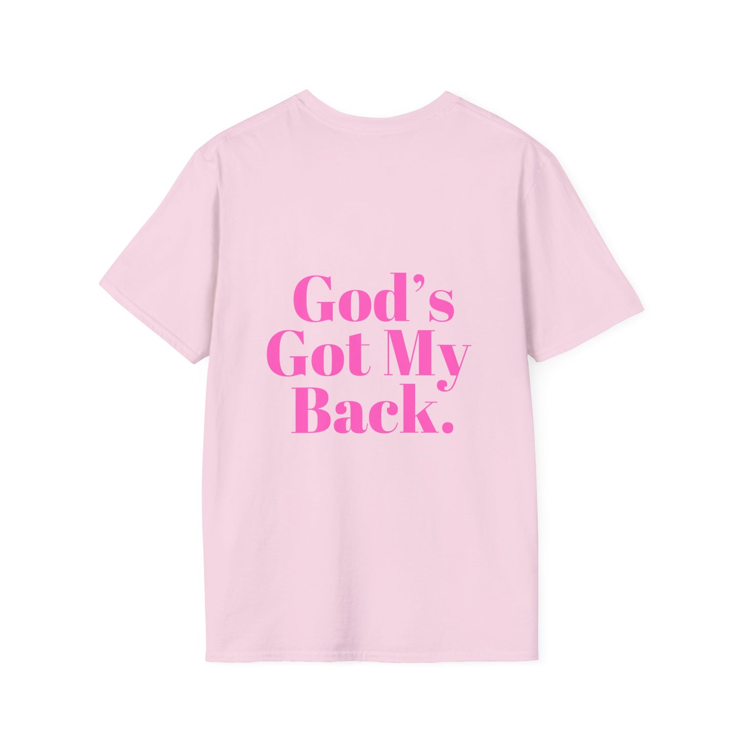 God's Got My Back Women's Relaxed/Plus Tshirt (Hot Pink Back Logo) - Sweet Baby Jeez Teez