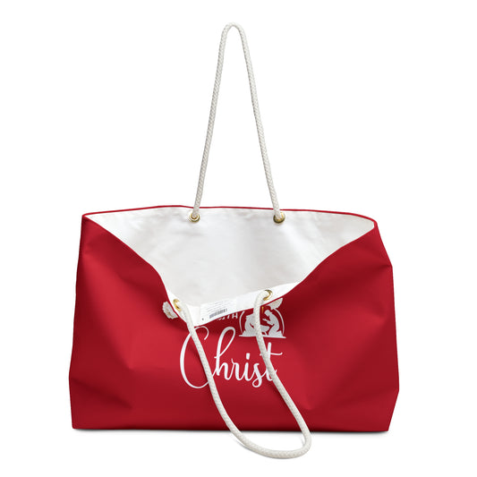 Christmas Begins with Christ Red Weekender Bag (White/Gold Logo)