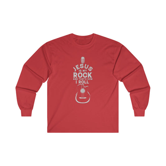 Jesus is My Rock Womens Relaxed/Plus Long Sleeve Tshirt (Light Gray Logo)
