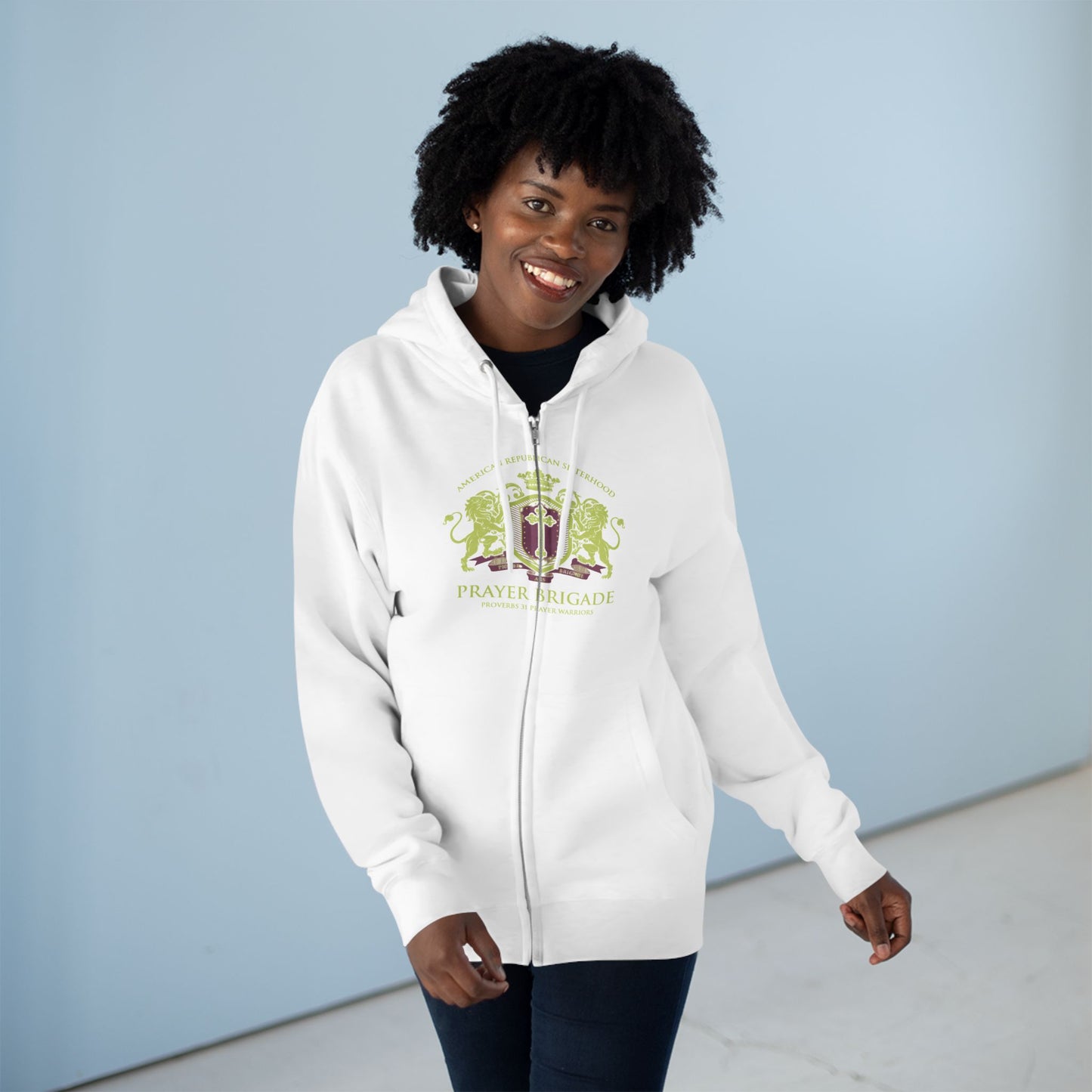 ARS Prayer Brigade Unisex Zip Hoodie (White with Green/Purple Logo)