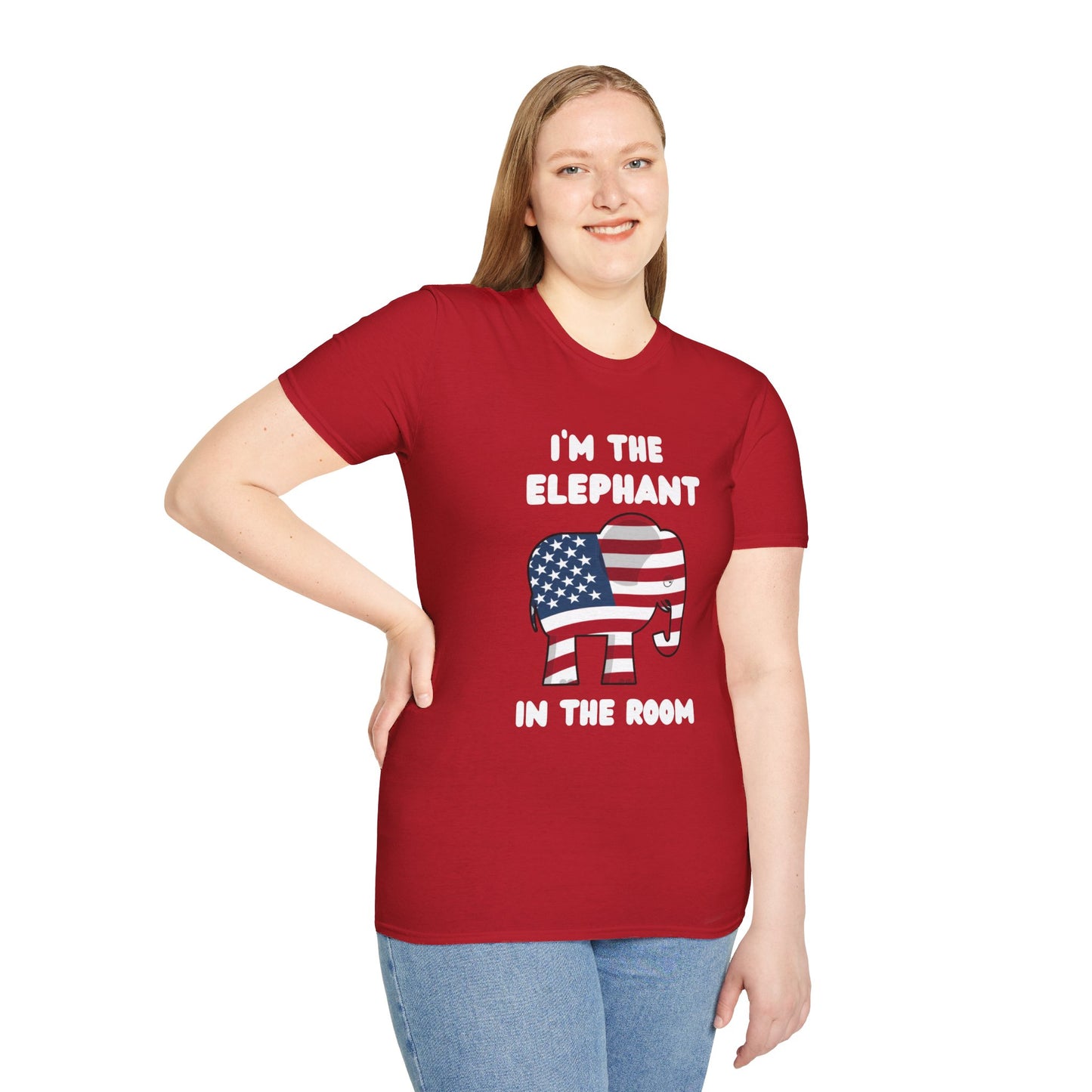 Elephant in Room Cartoon Women's Relaxed/Plus Tshirt (White Logo, Red & Gray Tshirts)