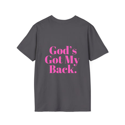 God's Got My Back Women's Relaxed/Plus Tshirt (Hot Pink Back Logo) - Sweet Baby Jeez Teez