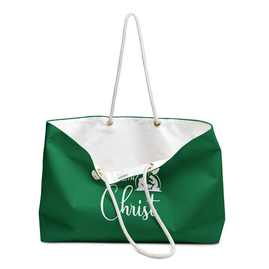 Christmas Begins with Christ Green Weekender Bag (White/Gold Logo)