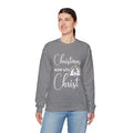 Christmas Begins with Christ Heavy Crewneck Sweatshirt (White/Gold Logo)