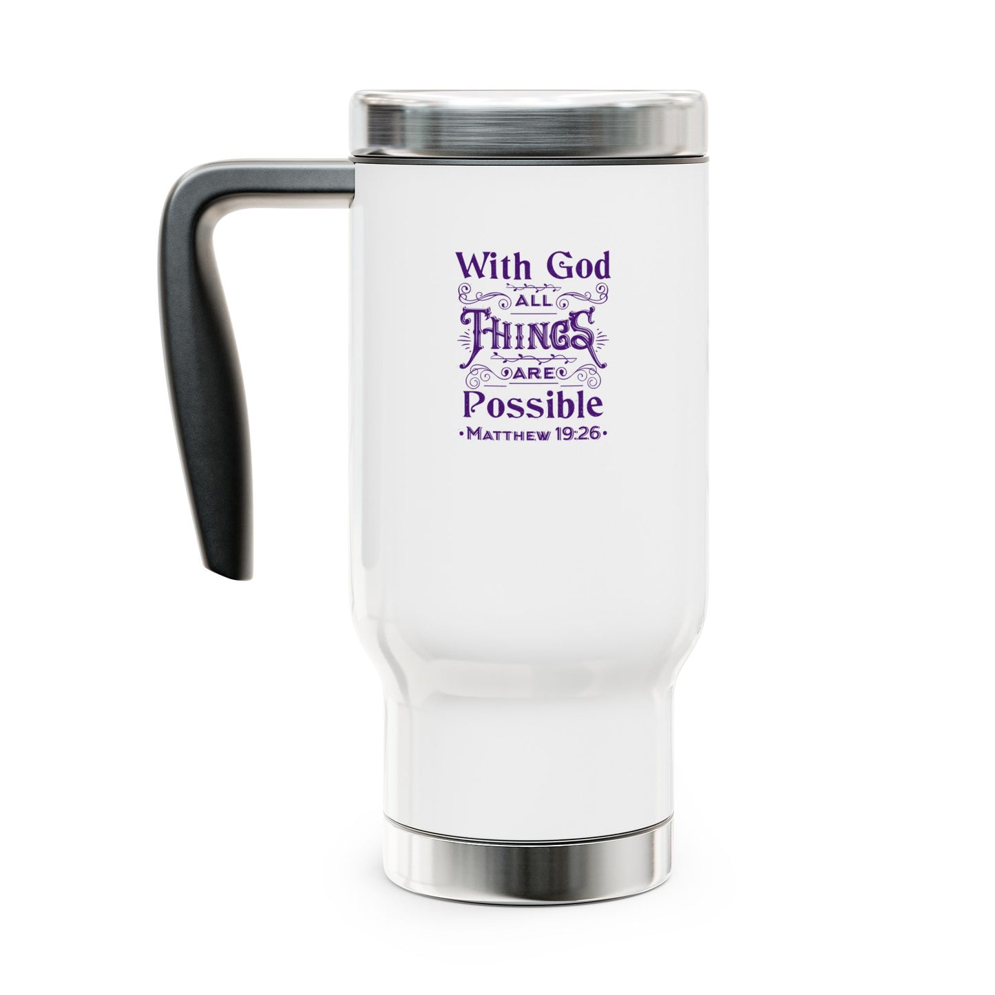 With God Stainless Steel Travel Mug w/ Handle (Purple Logo) - Sweet Baby Jeez Teez