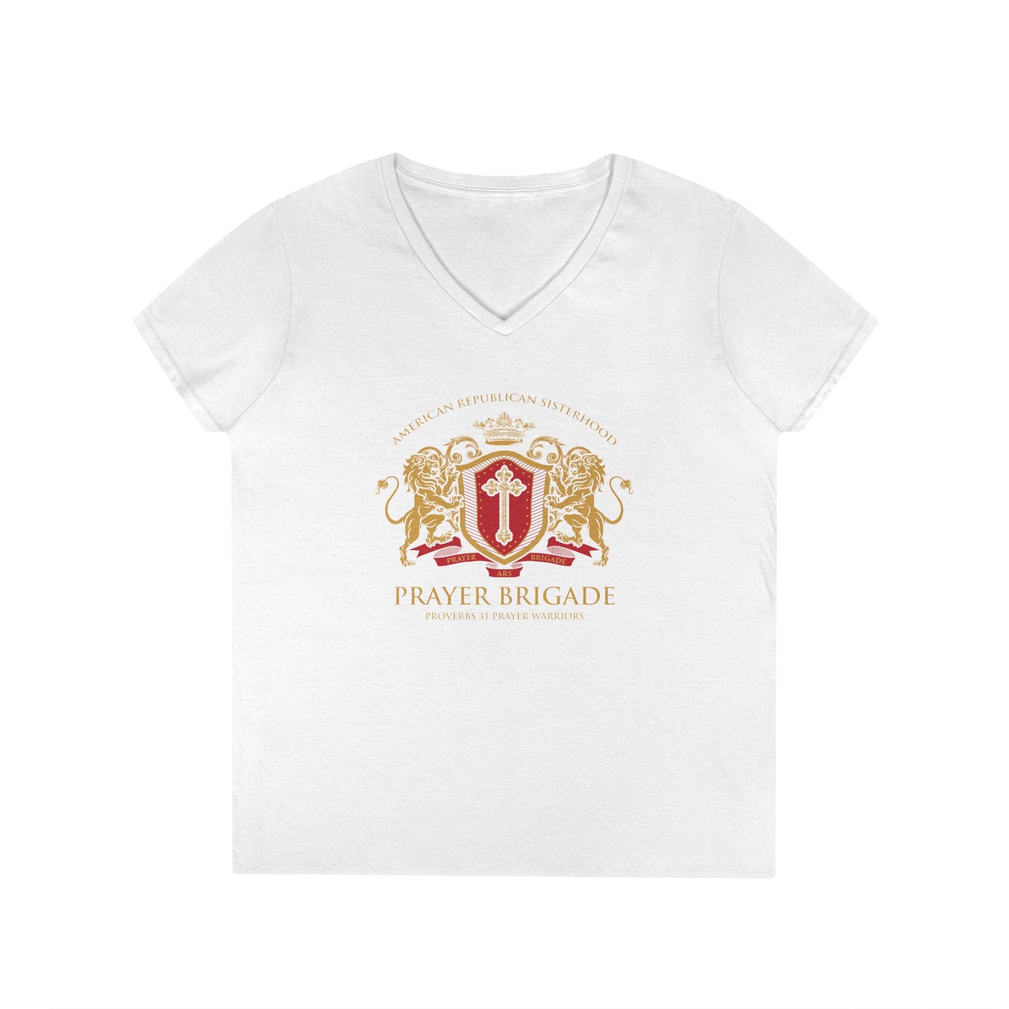 ARS Prayer Brigade Ladies' V-Neck T-Shirt (Red/Gold Logo)