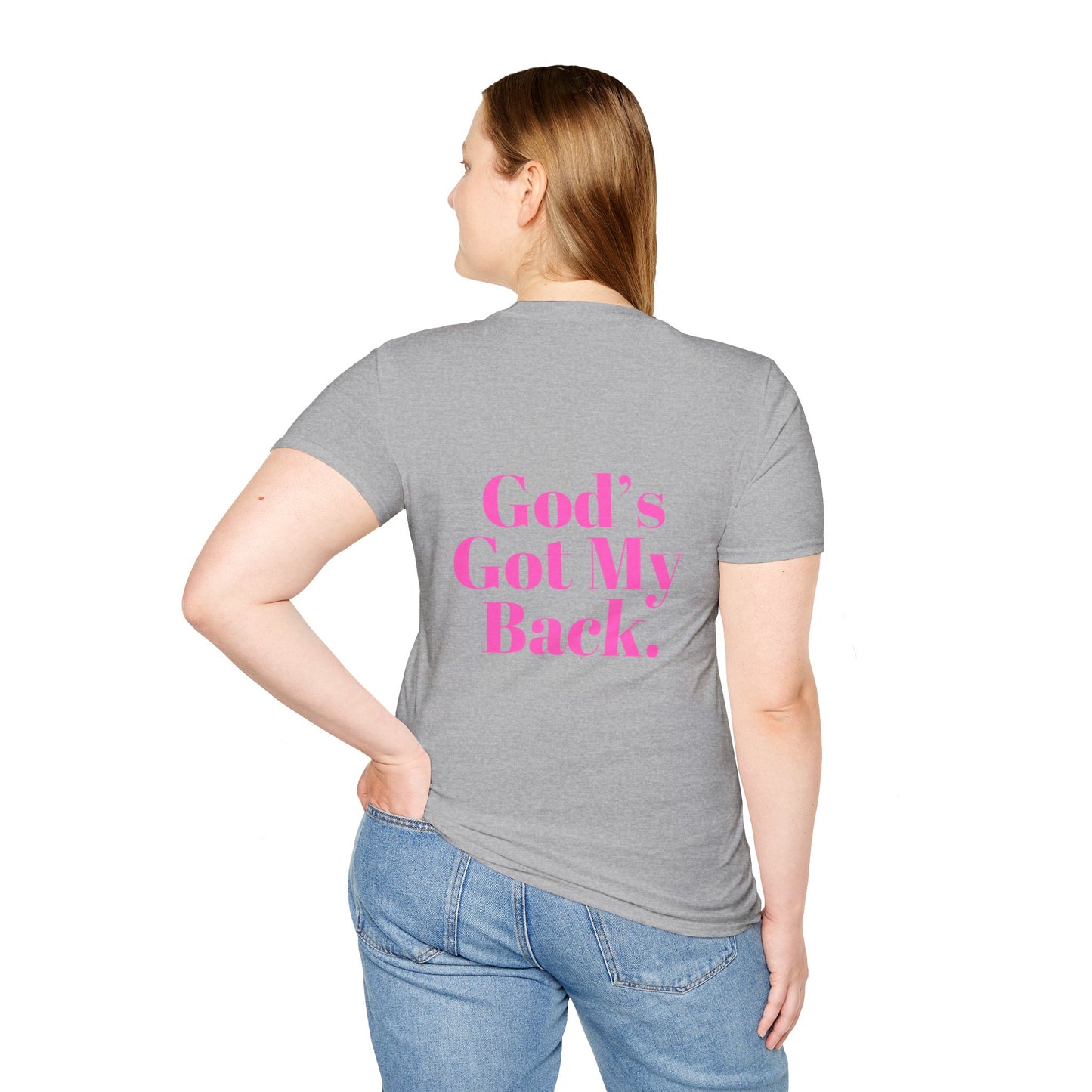 God's Got My Back Women's Relaxed/Plus Tshirt (Hot Pink Back Logo) - Sweet Baby Jeez Teez