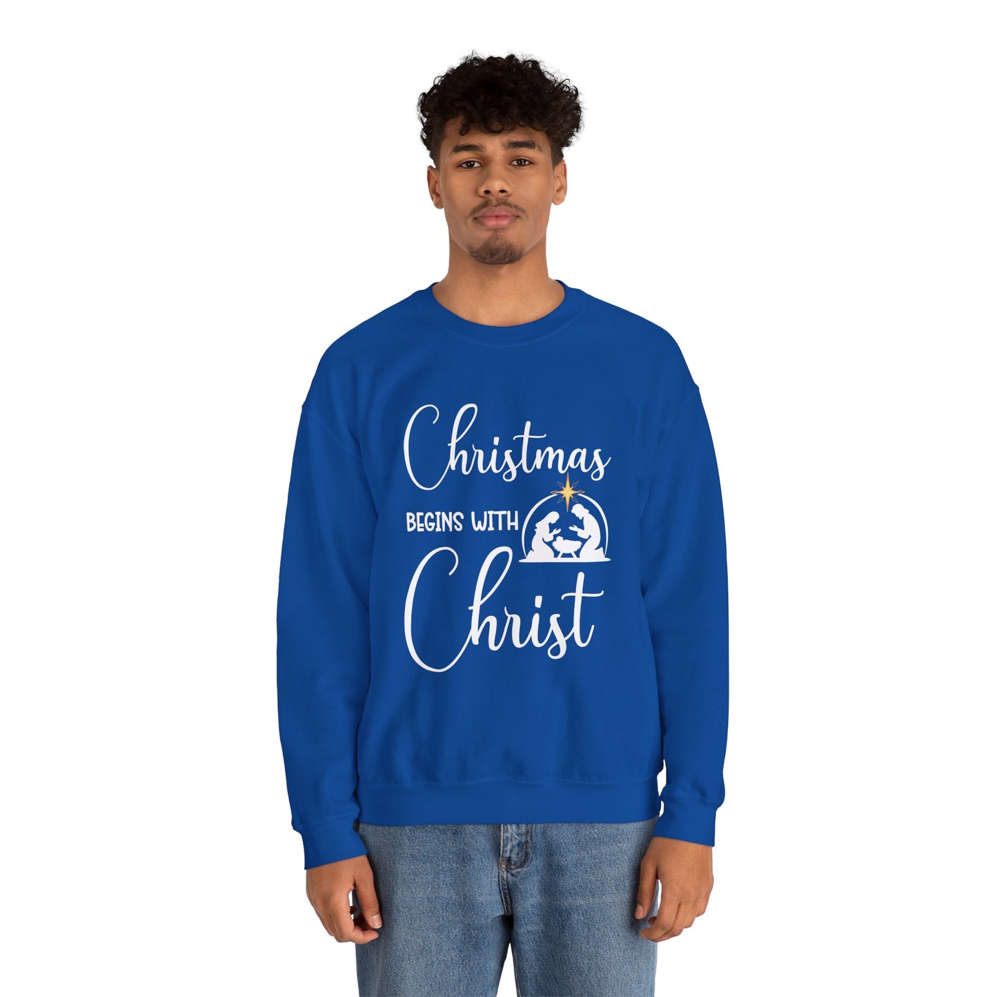 Christmas Begins with Christ Heavy Crewneck Sweatshirt (White/Gold Logo)