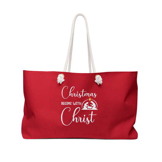 Christmas Begins with Christ Red Weekender Bag (White/Gold Logo)