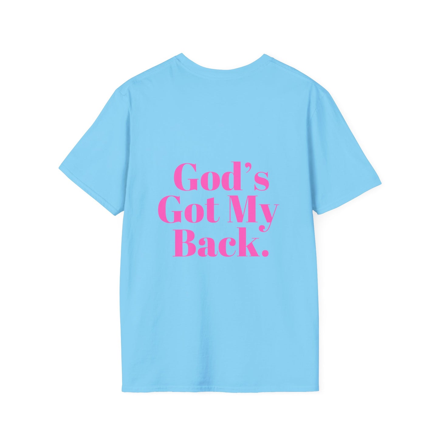 God's Got My Back Women's Relaxed/Plus Tshirt (Hot Pink Back Logo) - Sweet Baby Jeez Teez