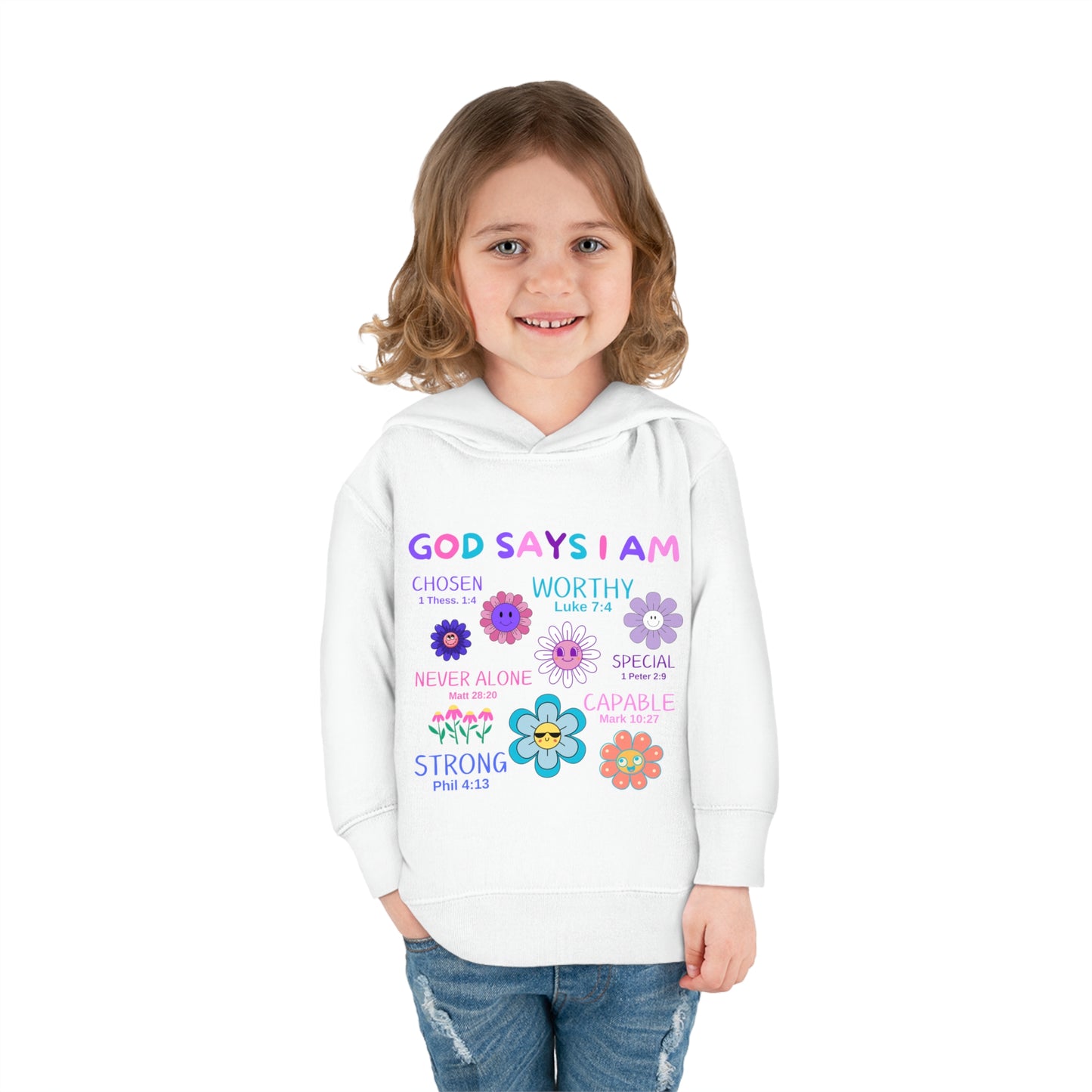 God Says I Am Toddler Fleece Hoodie (Flower Logo)