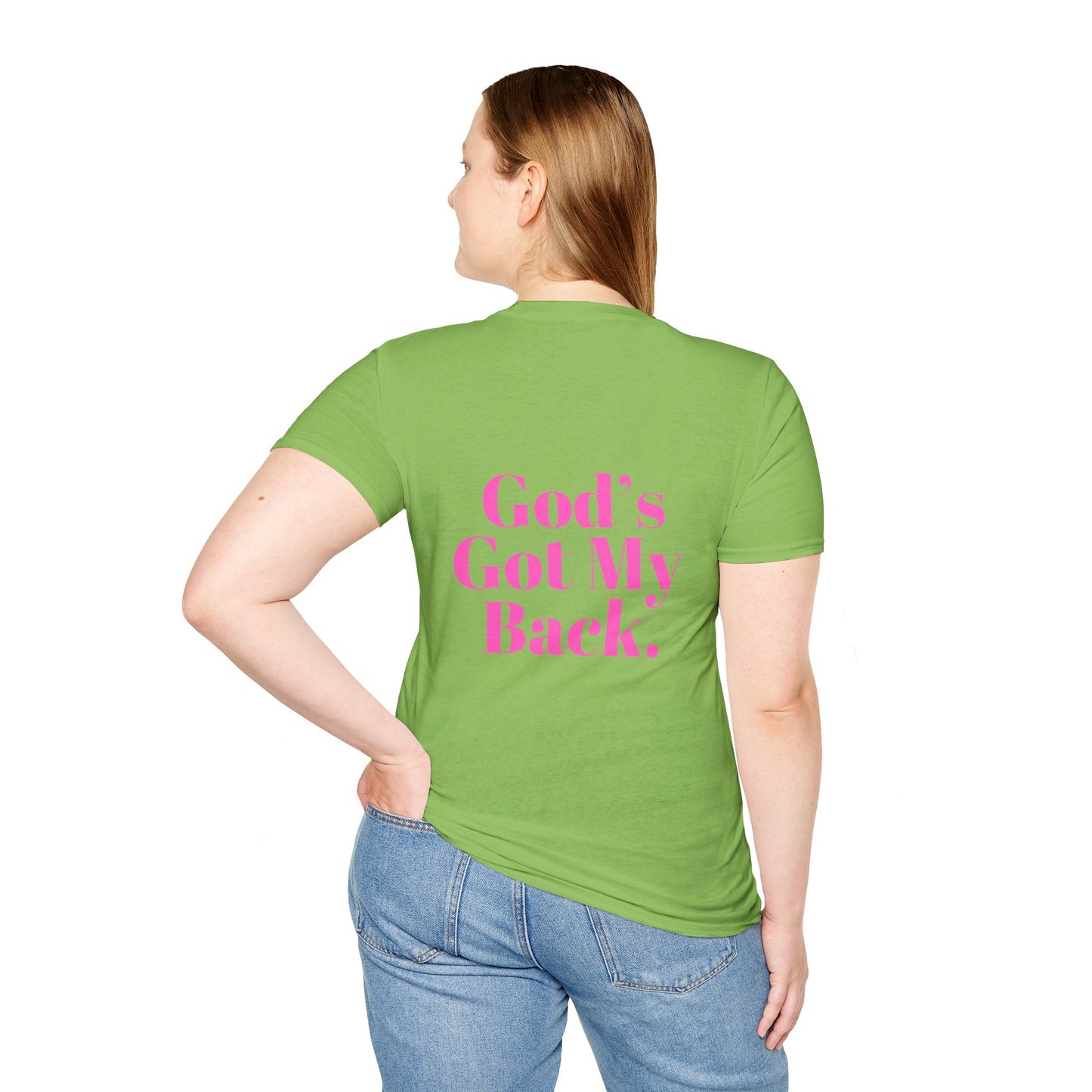 God's Got My Back Women's Relaxed/Plus Tshirt (Hot Pink Back Logo) - Sweet Baby Jeez Teez