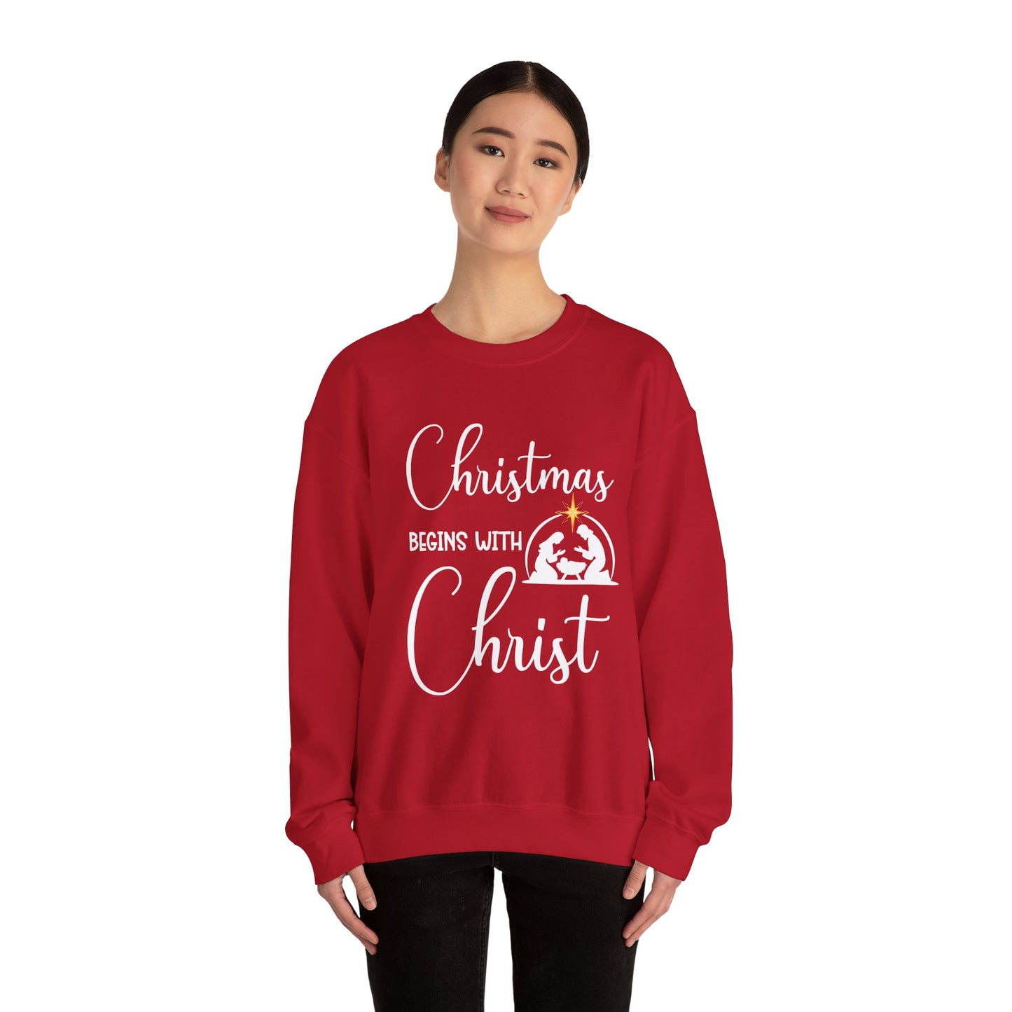 Christmas Begins with Christ Heavy Crewneck Sweatshirt (White/Gold Logo)