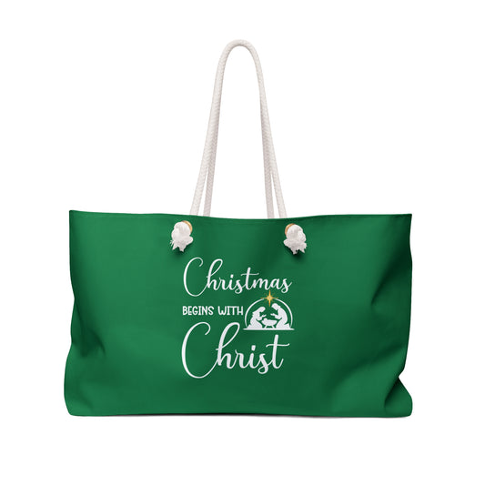 Christmas Begins with Christ Green Weekender Bag (White/Gold Logo)