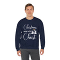 Christmas Begins with Christ Heavy Crewneck Sweatshirt (White/Gold Logo)