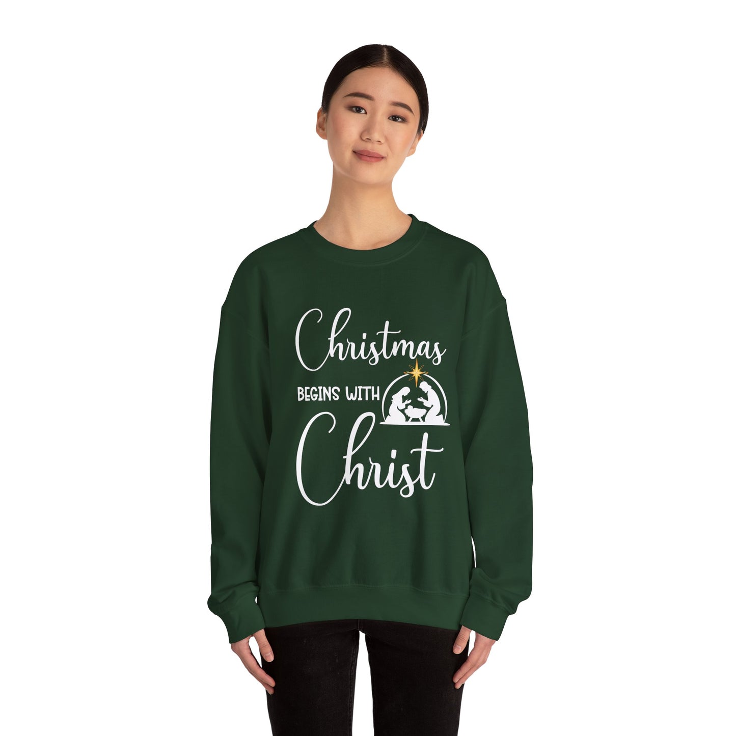 Christmas Begins with Christ Heavy Crewneck Sweatshirt (White/Gold Logo)